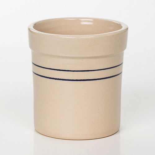 Handcrafted stoneware crock with natural finish and double blue stripes, made in USA, ideal for kitchen use, food preservation, fermenting, and pickling tasks.