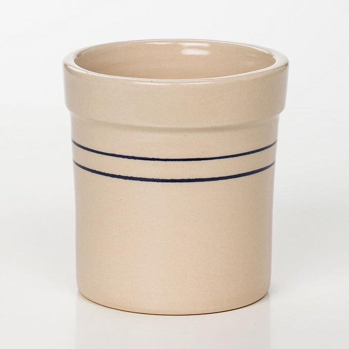 Handcrafted stoneware crock with natural finish and double blue stripes, made in USA, ideal for kitchen use, food preservation, fermenting, and pickling tasks.