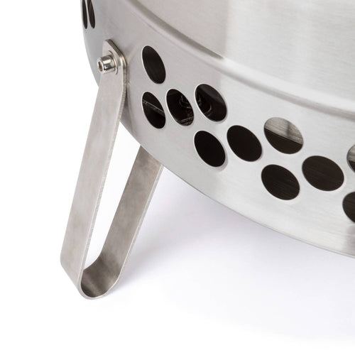 Close-up of a stainless steel fire bowl leg and vented double-wall body, designed for even heat distribution, featured in Farm, Garden & Tool, Camping, and Best Sellers collections.