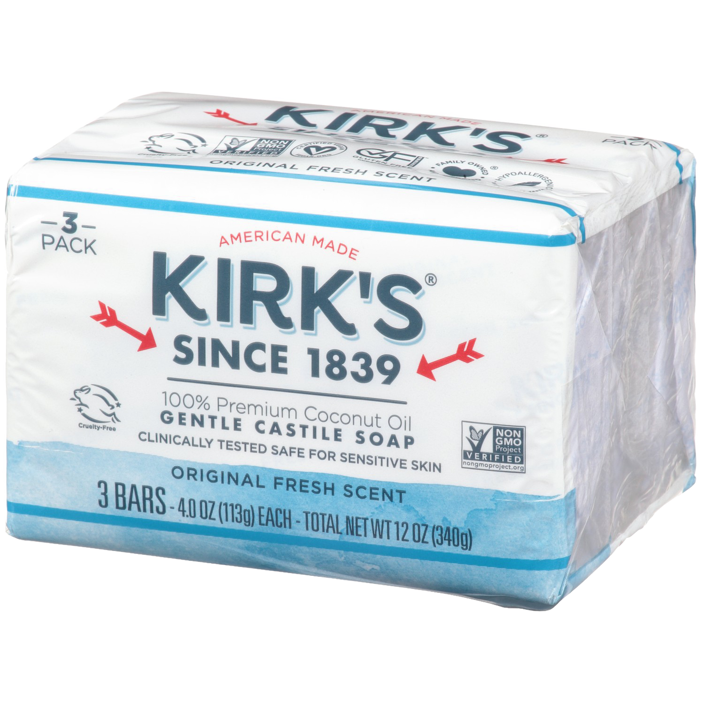 Three-pack of gentle Castile soap crafted with 100% premium coconut oil, featuring an original fresh scent, American made, ideal for Health & Wellness, Grooming and Personal Hygiene, and Soaps collections.