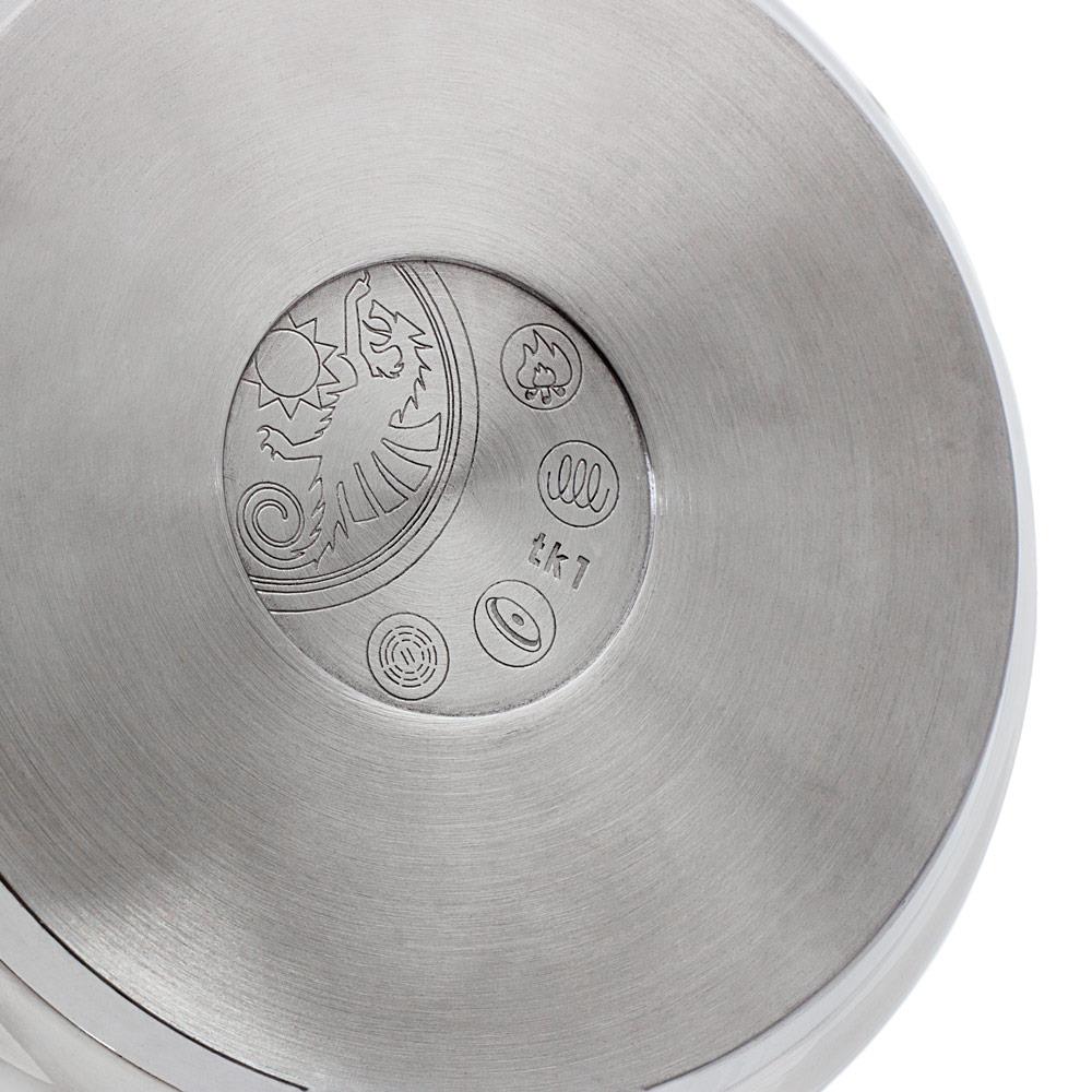 Close-up of the brushed stainless steel base of a teakettle featuring engraved symbols indicating compatibility with open fire, electric, gas, and induction cooktops, ideal for Farm, Garden & Tool, Kitchen & Food, Camping, Brewing Coffee and Tea, Best Sellers, and Promo Eligible collections.