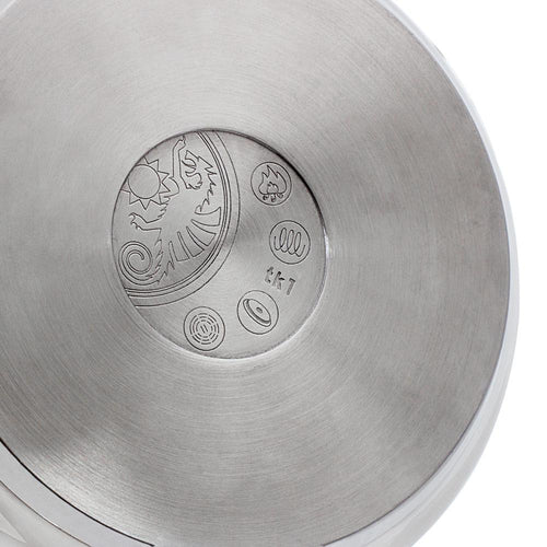 Close-up of the brushed stainless steel base of a teakettle featuring engraved symbols indicating compatibility with open fire, electric, gas, and induction cooktops, ideal for Farm, Garden & Tool, Kitchen & Food, Camping, Brewing Coffee and Tea, Best Sellers, and Promo Eligible collections.