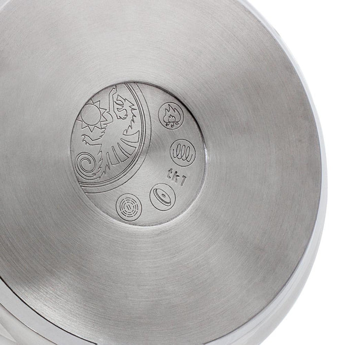 Close-up of the brushed stainless steel base of a teakettle featuring engraved symbols indicating compatibility with open fire, electric, gas, and induction cooktops, ideal for Farm, Garden & Tool, Kitchen & Food, Camping, Brewing Coffee and Tea, Best Sellers, and Promo Eligible collections.