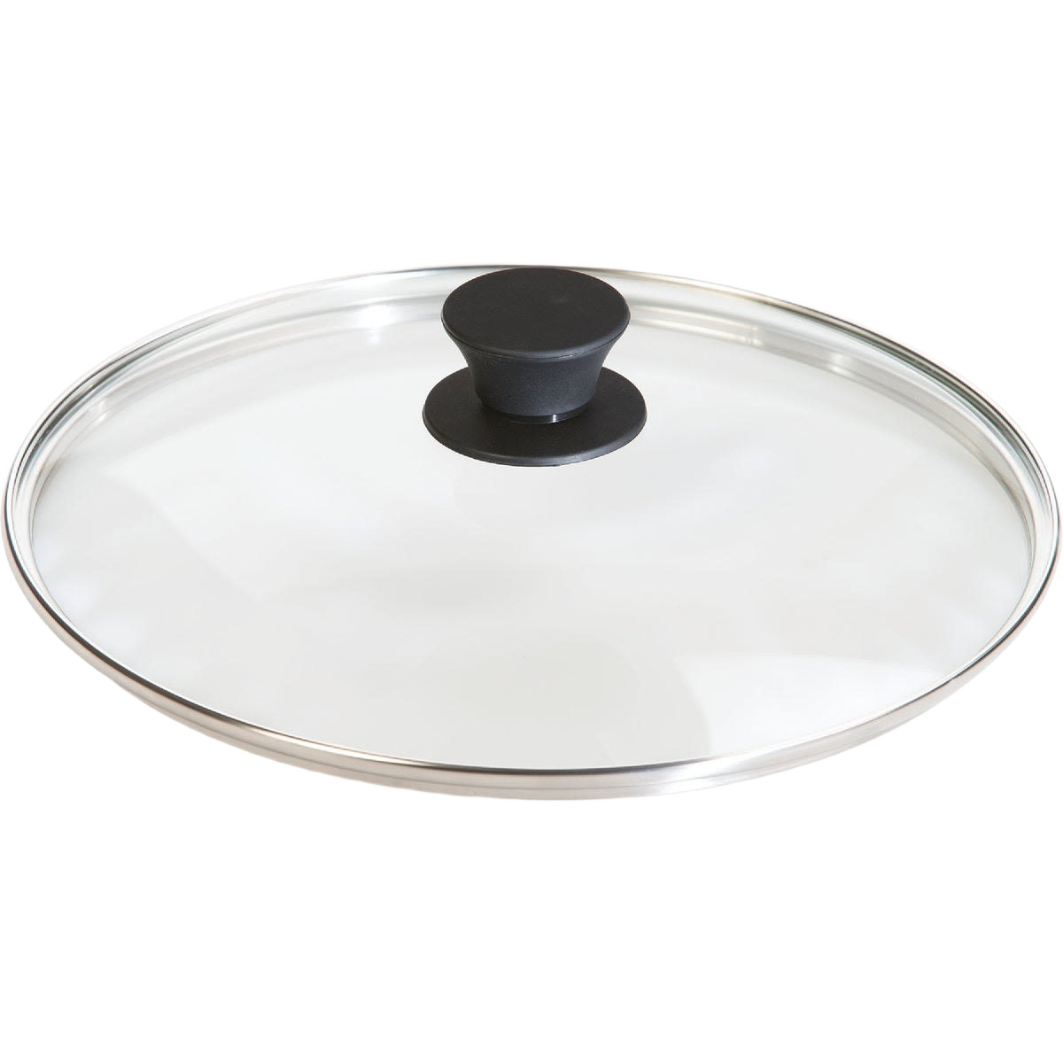 Clear tempered glass lid with stainless steel rim and black handle knob, designed for cookware in Kitchen & Food, Cast Iron, Pots and Pans, Best Sellers, and Promo Eligible collections.