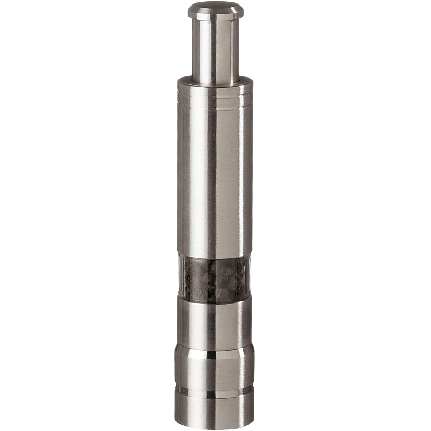 Sleek stainless steel pepper grinder with one-handed pump mechanism and visible peppercorn chamber, designed for easy seasoning in Kitchen & Food and Pantry collections.