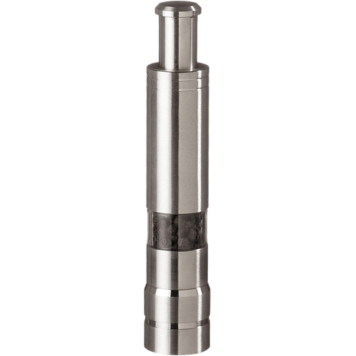 Sleek stainless steel pepper grinder with one-handed pump mechanism and visible peppercorn chamber, designed for easy seasoning in Kitchen & Food and Pantry collections.