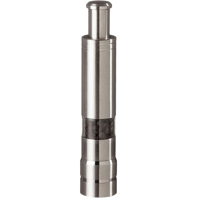 Sleek stainless steel pepper grinder with one-handed pump mechanism and visible peppercorn chamber, designed for easy seasoning in Kitchen & Food and Pantry collections.