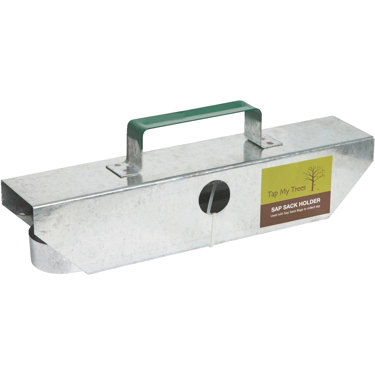 Galvanized metal sap bag holder with a green handle, designed to securely hold sap bags in small sugarbush settings, handcrafted in the USA, ideal for farm and orchard use.