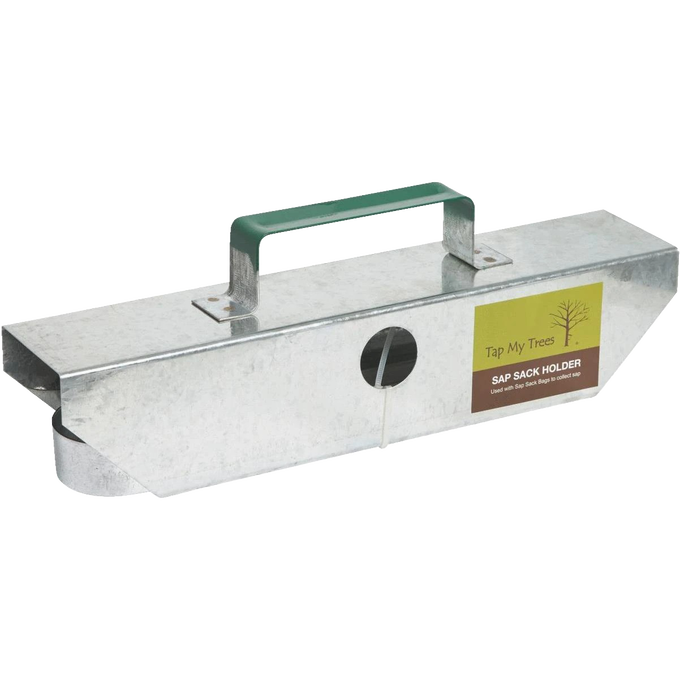 Galvanized metal sap bag holder with a green handle, designed to securely hold sap bags in small sugarbush settings, handcrafted in the USA, ideal for farm and orchard use.