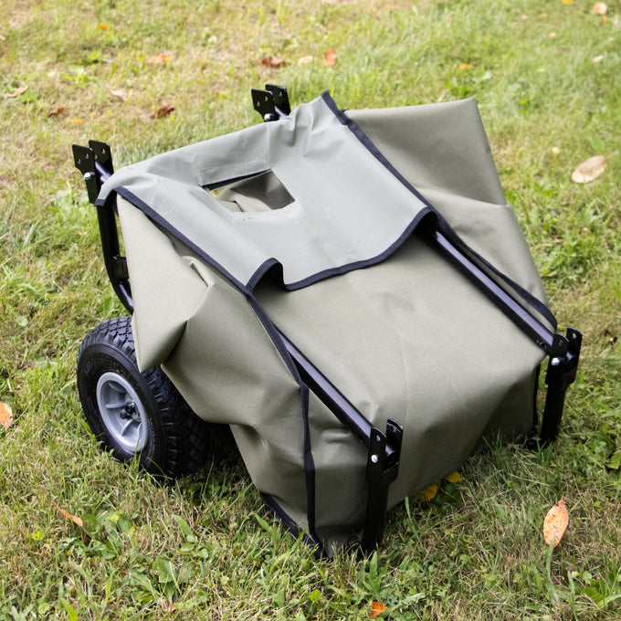 Foldable garden cart frame with durable olive-green fabric liner and two sturdy wheels, designed for hauling firewood and tools, ideal for Farm, Garden & Tool and Lawncare collections.
