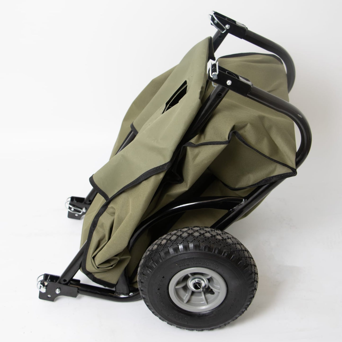 Foldable garden and firewood cart with sturdy black steel frame and durable olive-green fabric, featuring rugged wheels for easy hauling in Farm, Garden & Tool and Lawncare collections.
