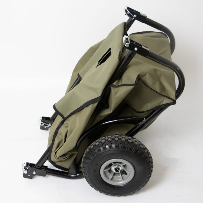 Foldable garden and firewood cart with sturdy black steel frame and durable olive-green fabric, featuring rugged wheels for easy hauling in Farm, Garden & Tool and Lawncare collections.