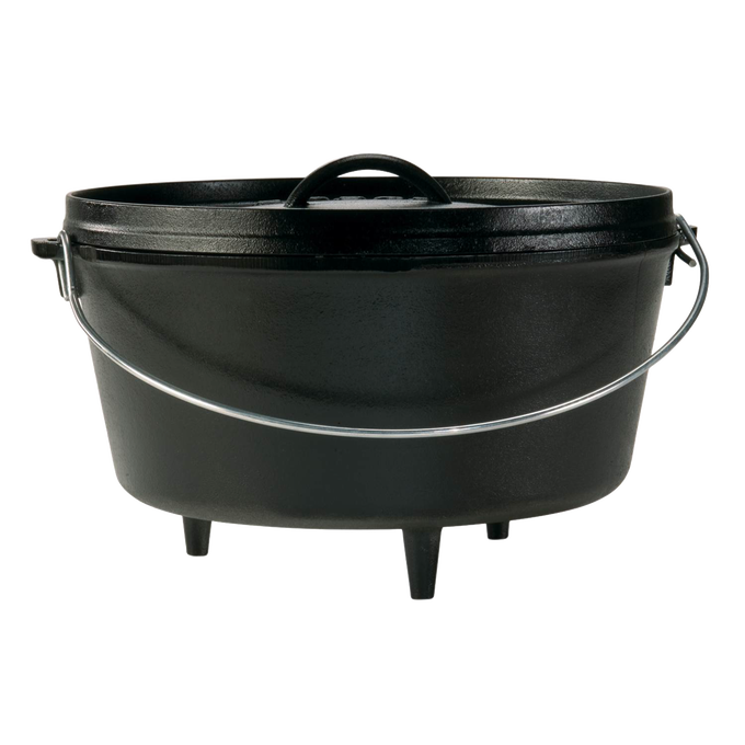 Handcrafted cast iron camp Dutch oven with built-in legs, tight-fitting lid, and metal bail handle designed for versatile outdoor cooking; made in USA and featured in Farm, Garden & Tool, Camping, Cast Iron, Best Sellers, and Promo Eligible collections.