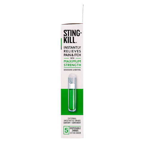 Slim white and green box of Sting Kill disposable anesthetic swabs with maximum strength benzocaine and menthol, made in USA, perfect for health remedies and outdoor use.