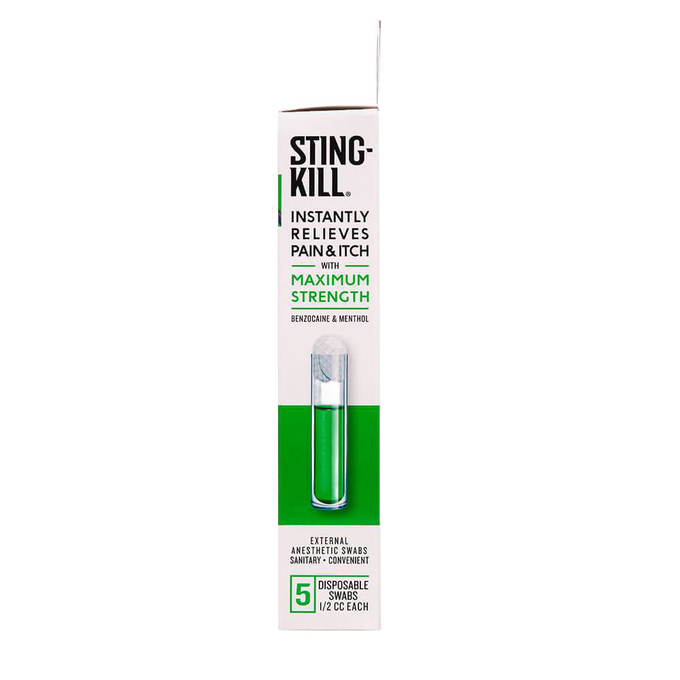 Slim white and green box of Sting Kill disposable anesthetic swabs with maximum strength benzocaine and menthol, made in USA, perfect for health remedies and outdoor use.