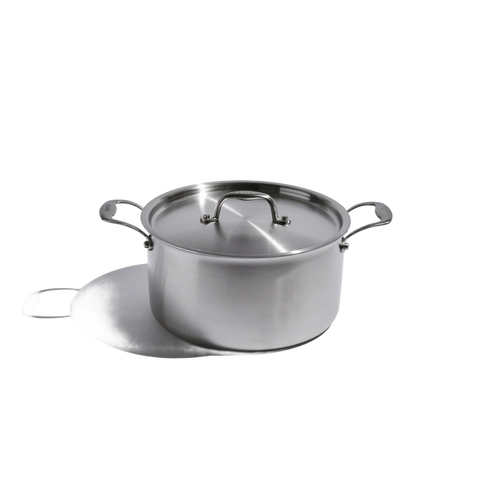 Handcrafted fully clad stainless steel 8-quart stock pot with lid, featuring sturdy handles, designed for durable use in Kitchen & Food, Cookware, and Pots and Pans collections.