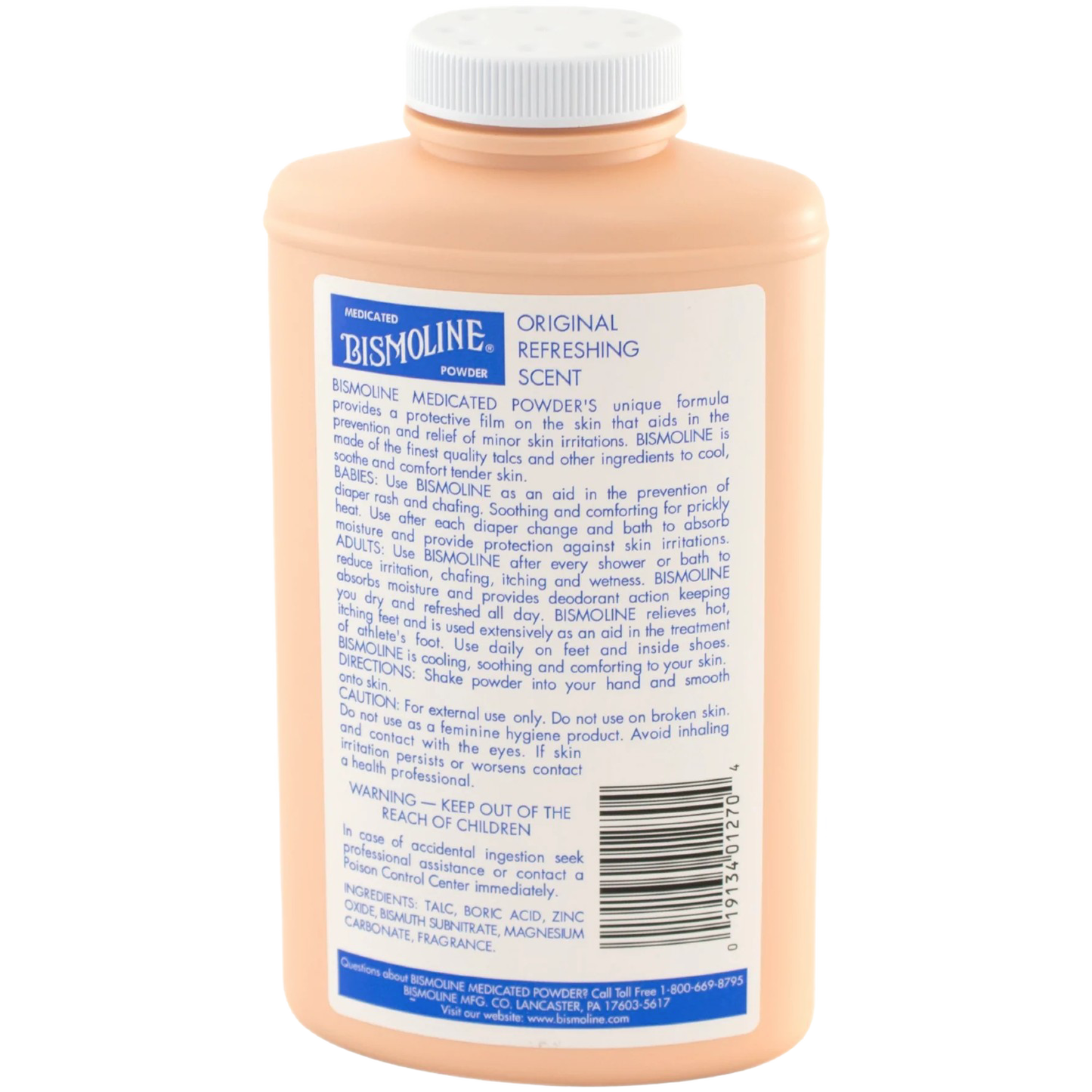 Plastic bottle with a white cap containing medicated powder labeled for soothing skin irritations, made in USA and included in Health & Wellness and Best Sellers collections.