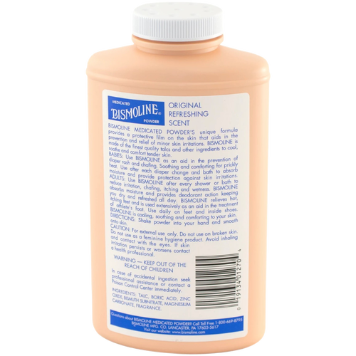 Plastic bottle with a white cap containing medicated powder labeled for soothing skin irritations, made in USA and included in Health & Wellness and Best Sellers collections.