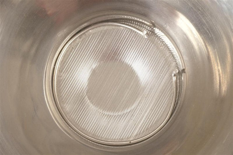 Top-down view inside large stainless steel milk strainer showing fine mesh screen and locking handle, handcrafted for Farm, Garden & Tool, Animal Care, Best Sellers, and Promo Eligible collections.