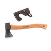 Hand-forged hatchet with razor-sharp Swedish steel blade and smooth wooden handle, featuring a protective leather sheath, ideal for camping and wood cutting in Farm, Garden & Tool collections.