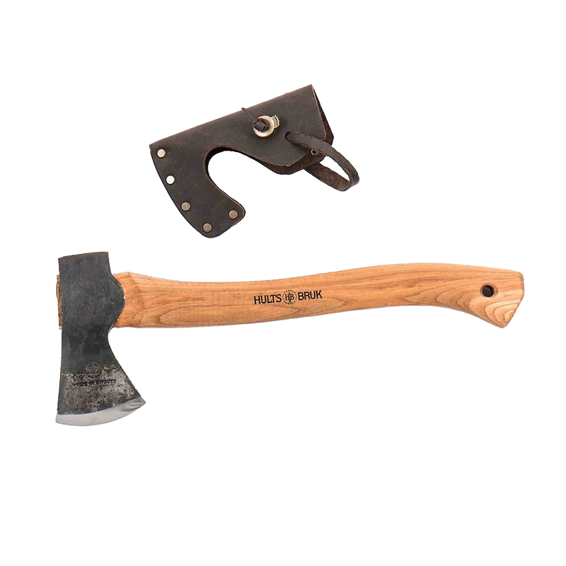 Hand-forged hatchet with razor-sharp Swedish steel blade and smooth wooden handle, featuring a protective leather sheath, ideal for camping and wood cutting in Farm, Garden & Tool collections.