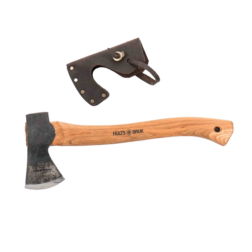 Hand-forged hatchet with razor-sharp Swedish steel blade and smooth wooden handle, featuring a protective leather sheath, ideal for camping and wood cutting in Farm, Garden & Tool collections.