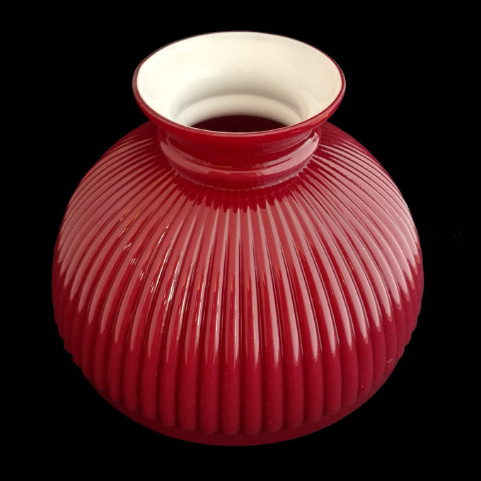 Handcrafted ruby ribbed glass lamp shade with a flared white top, designed for use with Aladdin 10-inch shade rings, featured in Lamps & Lighting, Parts and Accessories, and Lamp Shades collections.