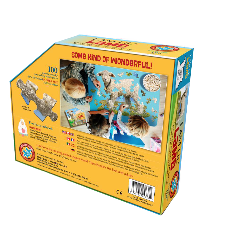 Unique handcrafted lamb-shaped 100-piece puzzle with large pieces designed for small hands, featuring fun facts, ideal for Toys, Books & Games, Children's Toys, and Best Sellers collections.