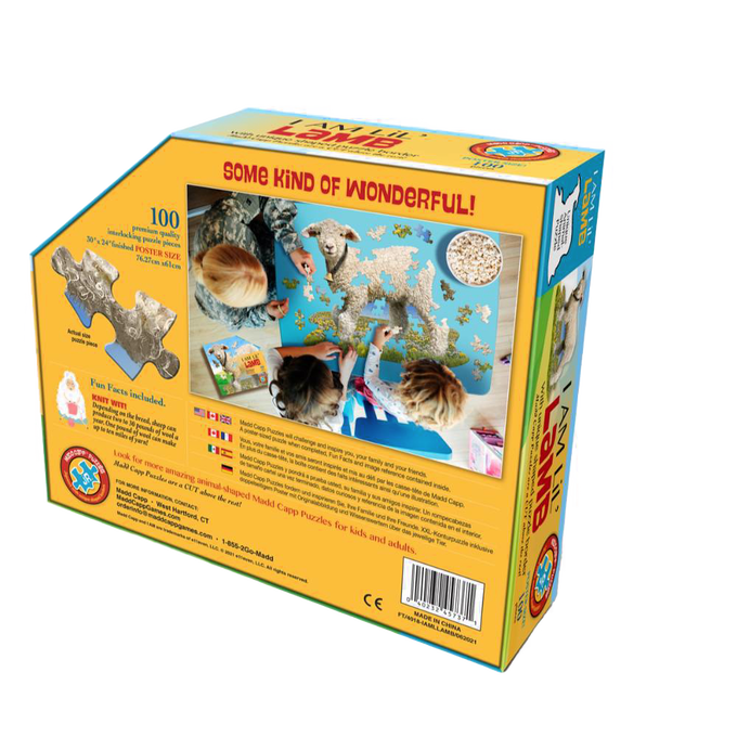 Unique handcrafted lamb-shaped 100-piece puzzle with large pieces designed for small hands, featuring fun facts, ideal for Toys, Books & Games, Children's Toys, and Best Sellers collections.
