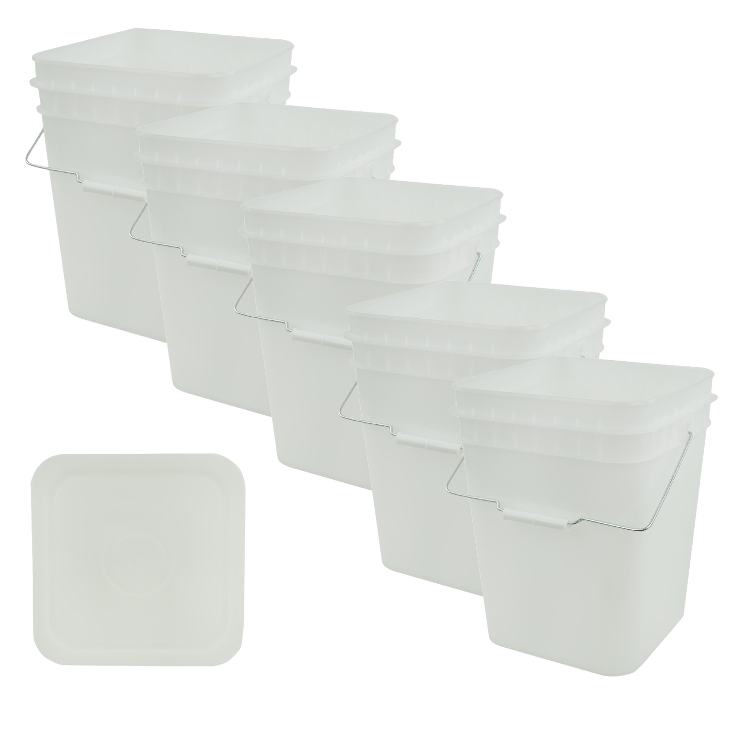 Set of five durable white 4-gallon plastic buckets with tight-fitting lids and metal handles, designed for secure storage of bulk food and household items, part of Kitchen & Food, Storage and Serving, USA Made, and Best Sellers collections.