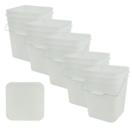 Set of five durable white 4-gallon plastic buckets with tight-fitting lids and metal handles, designed for secure storage of bulk food and household items, part of Kitchen & Food, Storage and Serving, USA Made, and Best Sellers collections.