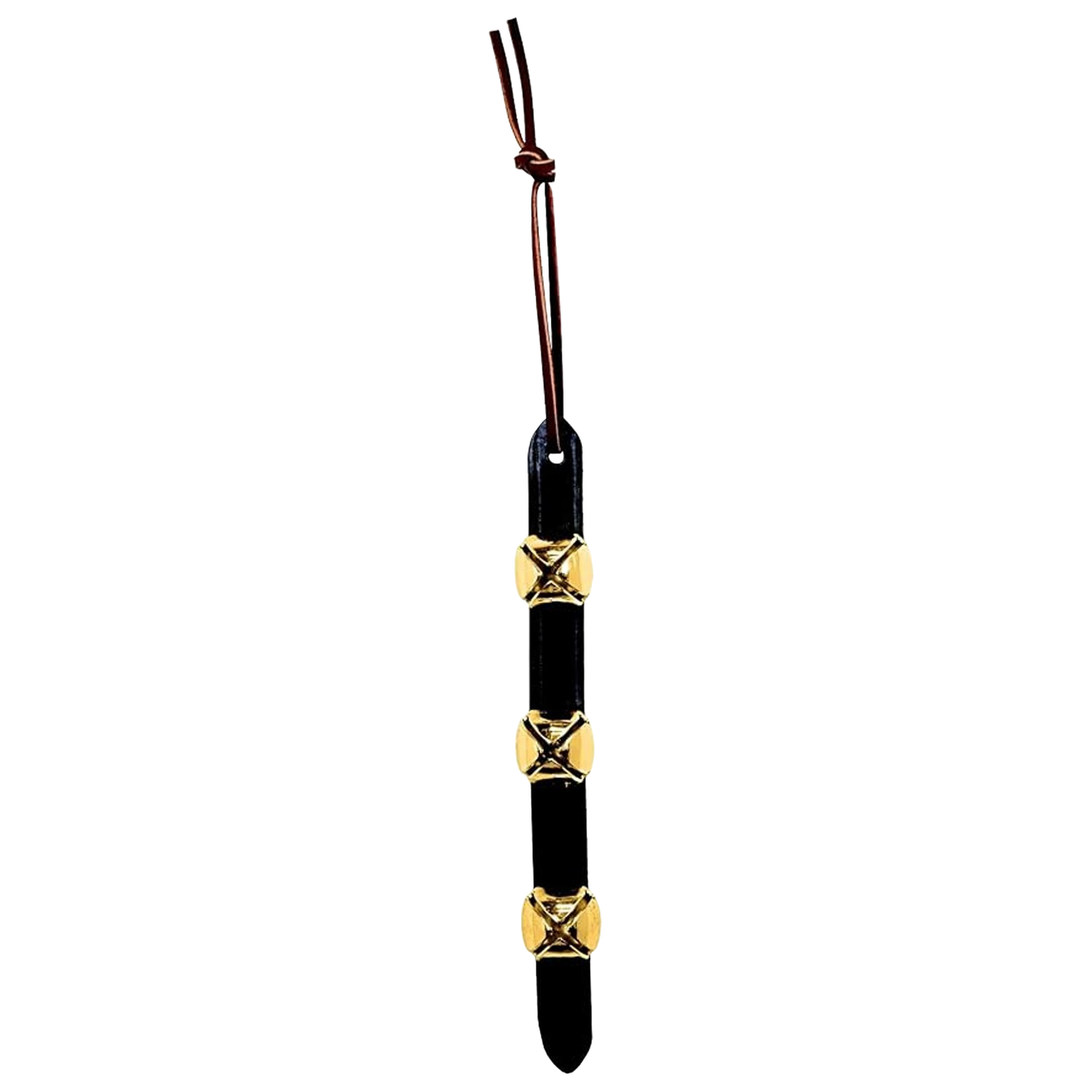 Handcrafted sleigh bell door hanger with three brass bells mounted on black leather strap, featuring a leather tie for hanging, part of USA Made, Holiday Decor, and Best Sellers collections.