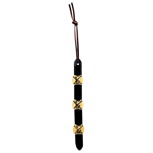 Handcrafted sleigh bell door hanger with three brass bells mounted on black leather strap, featuring a leather tie for hanging, part of USA Made, Holiday Decor, and Best Sellers collections.