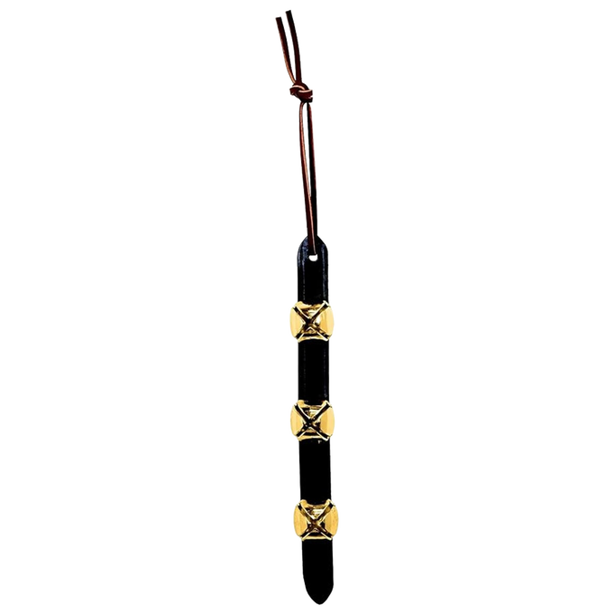 Handcrafted sleigh bell door hanger with three brass bells mounted on black leather strap, featuring a leather tie for hanging, part of USA Made, Holiday Decor, and Best Sellers collections.