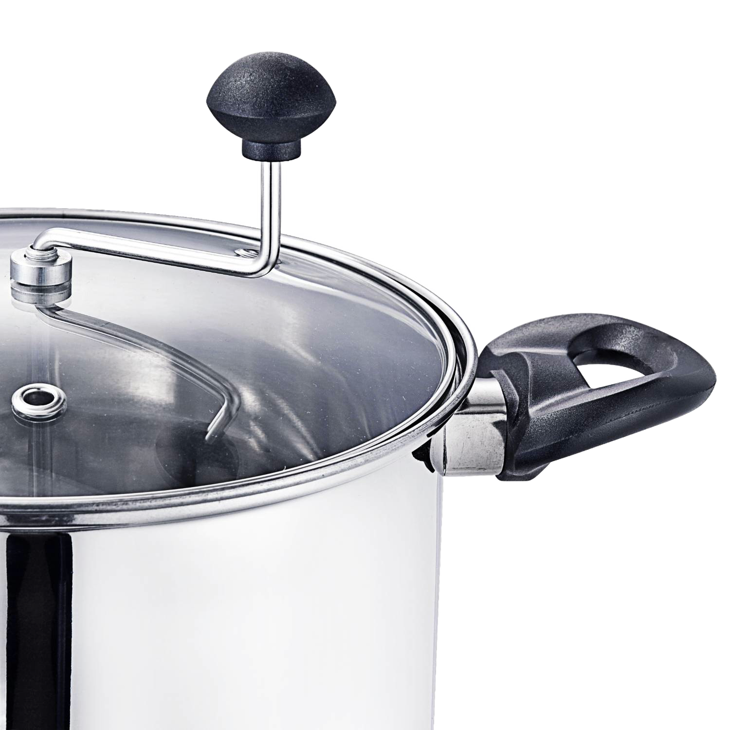 Close-up of a handcrafted stainless steel popcorn popper with clear glass lid, black knob handle, and stirring crank, designed for effortless stovetop popcorn in Kitchen & Food collections.
