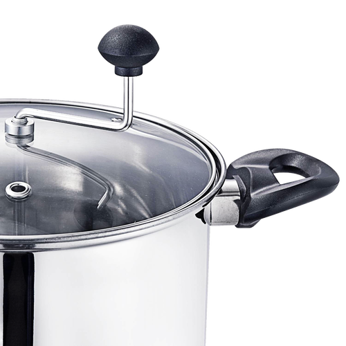 Close-up of a handcrafted stainless steel popcorn popper with clear glass lid, black knob handle, and stirring crank, designed for effortless stovetop popcorn in Kitchen & Food collections.
