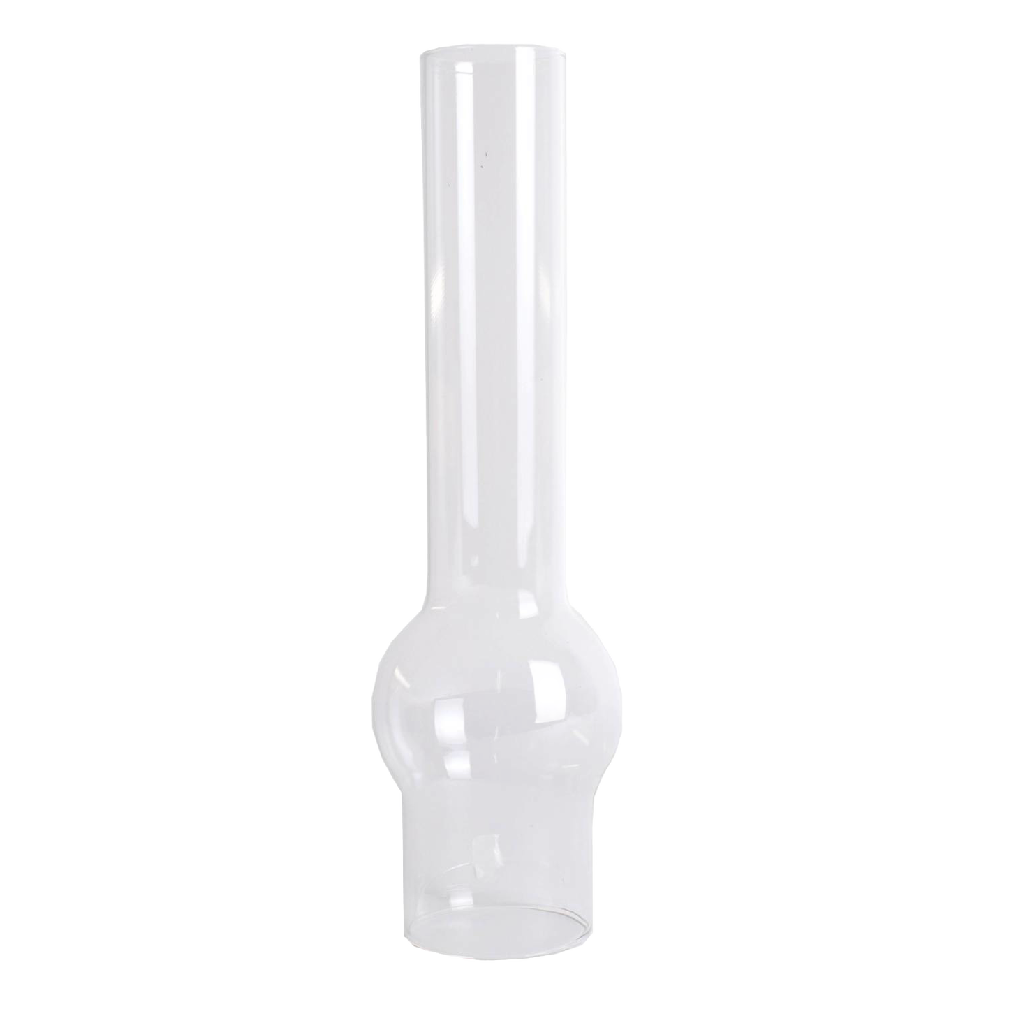 Clear glass oil lamp chimney with a 2-5/8 inch base and distinctive bulge, ideal for Lamps & Lighting, Parts and Accessories, Chimneys and Globes collections.