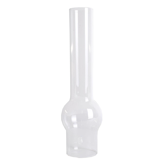 Clear glass oil lamp chimney with a 2-5/8 inch base and distinctive bulge, ideal for Lamps & Lighting, Parts and Accessories, Chimneys and Globes collections.