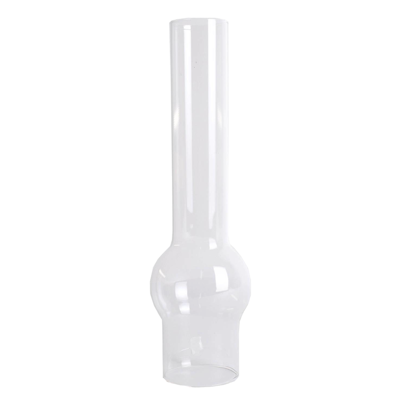 Clear glass oil lamp chimney with a 2-5/8 inch base and distinctive bulge, ideal for Lamps & Lighting, Parts and Accessories, Chimneys and Globes collections.