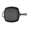 Square cast iron grill pan with raised ridges for searing, featuring a long handle and helper grip, crafted in the USA for Kitchen & Food, Cookware, Cast Iron, and Best Sellers collections.