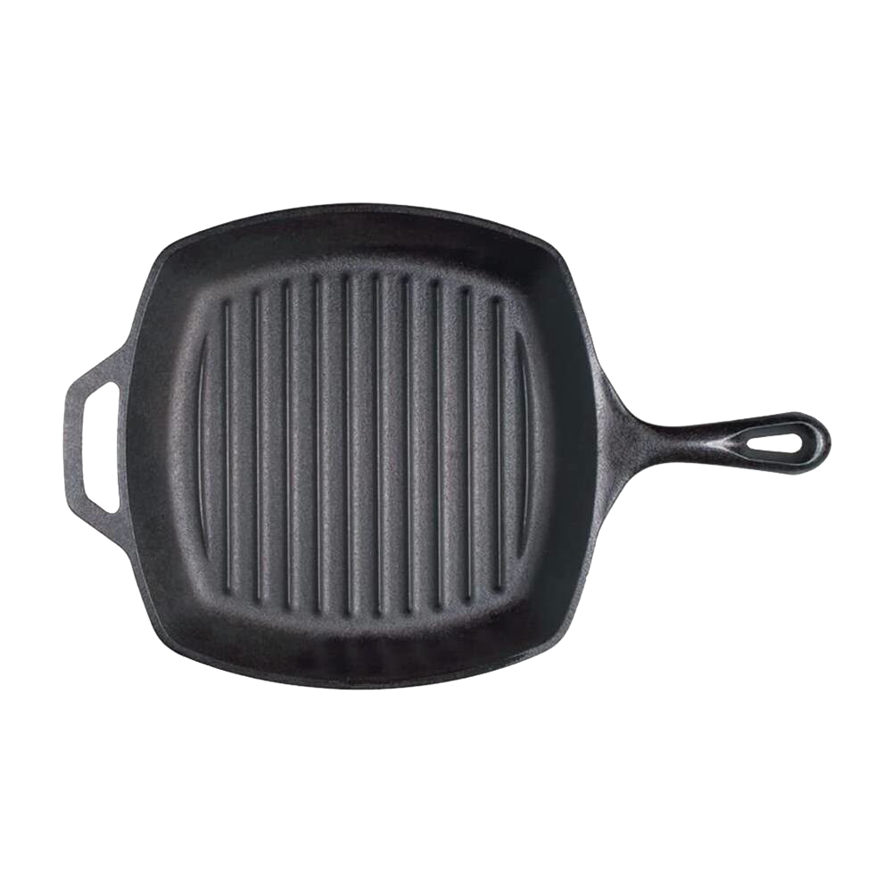 Square cast iron grill pan with raised ridges for searing, featuring a long handle and helper grip, crafted in the USA for Kitchen & Food, Cookware, Cast Iron, and Best Sellers collections.
