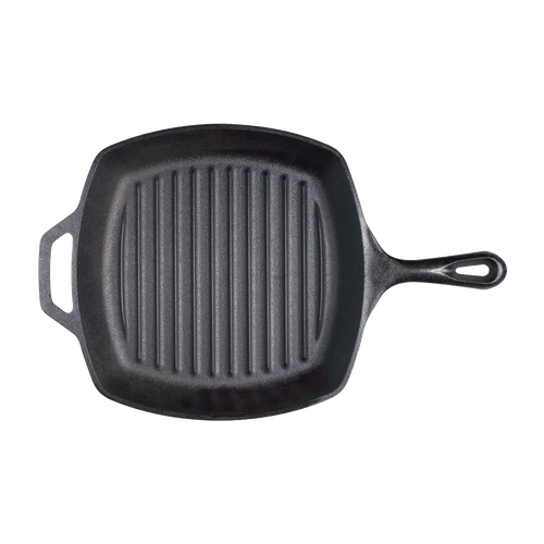 Square cast iron grill pan with raised ridges for searing, featuring a long handle and helper grip, crafted in the USA for Kitchen & Food, Cookware, Cast Iron, and Best Sellers collections.
