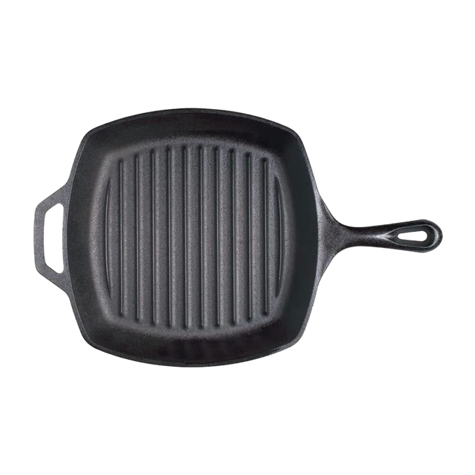 Square cast iron grill pan with raised ridges for searing, featuring a long handle and helper grip, crafted in the USA for Kitchen & Food, Cookware, Cast Iron, and Best Sellers collections.