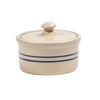 Handcrafted stoneware ramekin with lid featuring natural color and double blue stripes, made in USA, ideal for kitchen, baking, cookware, and best seller collections.