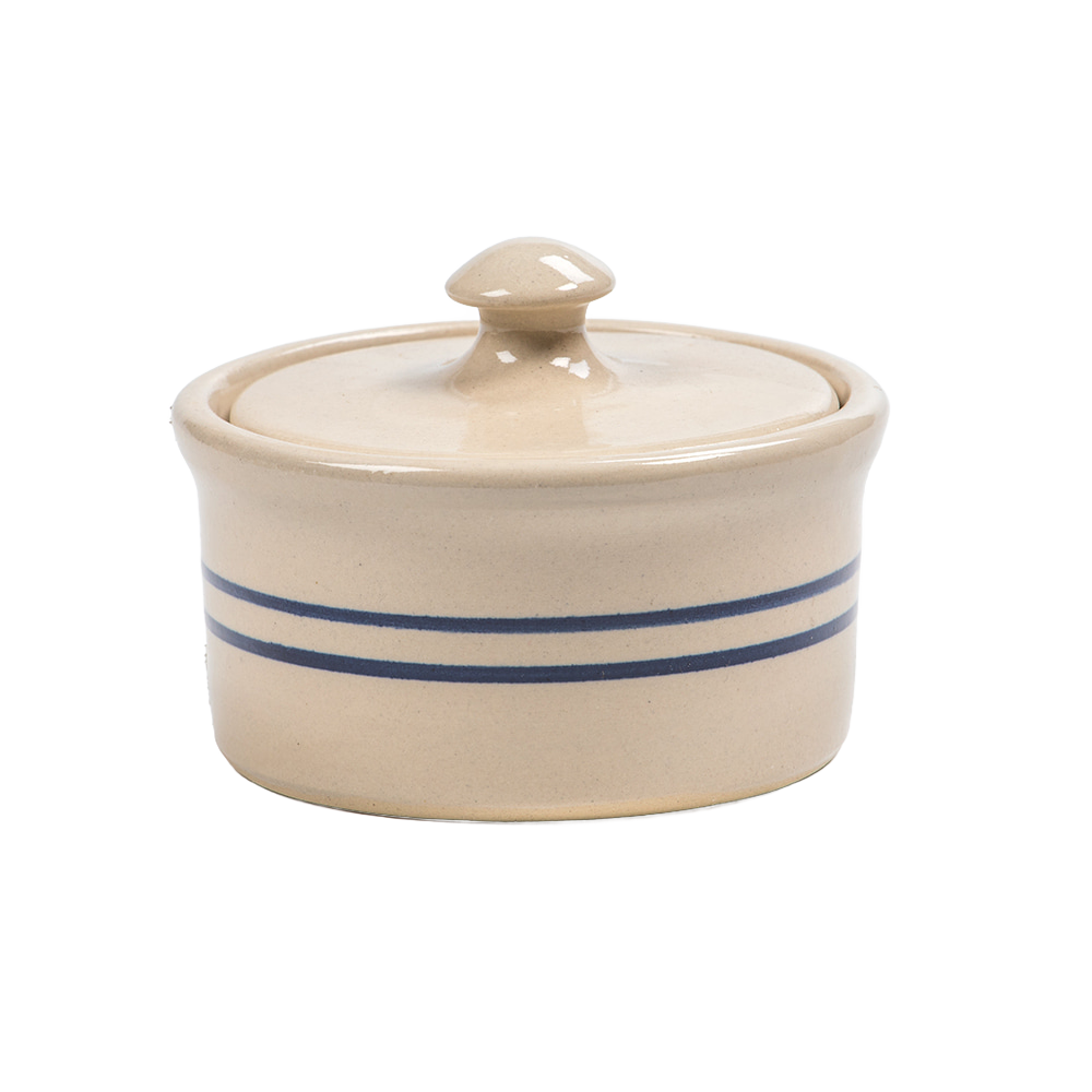 Handcrafted stoneware ramekin with lid featuring natural color and double blue stripes, made in USA, ideal for kitchen, baking, cookware, and best seller collections.
