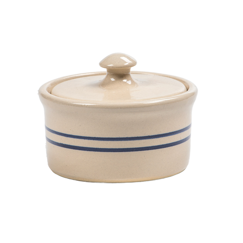 Handcrafted stoneware ramekin with lid featuring natural color and double blue stripes, made in USA, ideal for kitchen, baking, cookware, and best seller collections.
