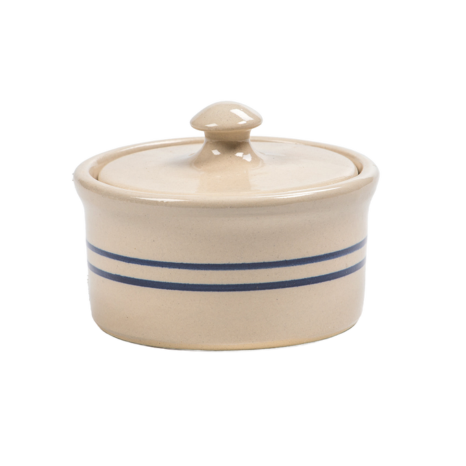 Handcrafted stoneware ramekin with lid featuring natural color and double blue stripes, made in USA, ideal for kitchen, baking, cookware, and best seller collections.