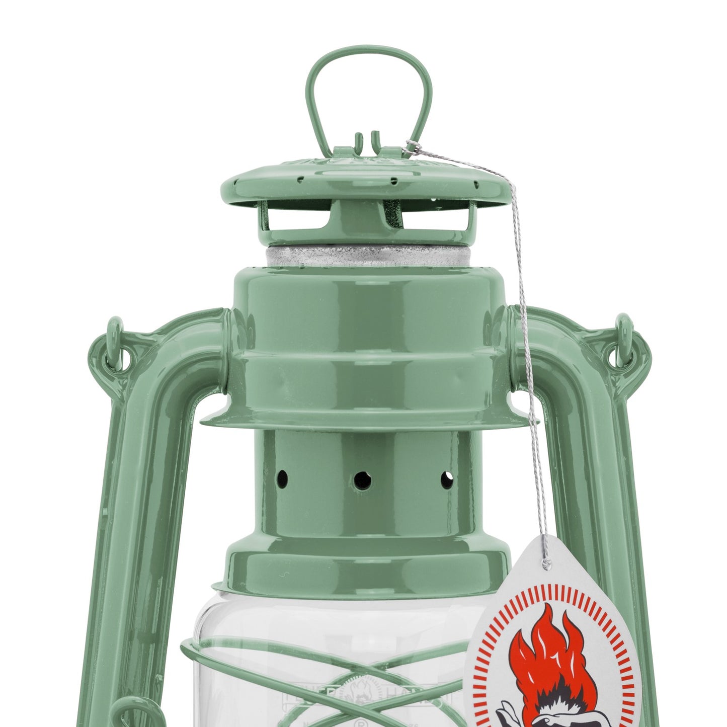 Handcrafted pale green galvanized oil lantern with durable thermal heat-resistant SUPRAX globe and vintage flame emblem, designed for Lamps & Lighting, Camping, Emergency Supplies collections.