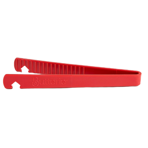 Red silicone toaster tongs with serrated gripping teeth and integrated oven rack hook, designed for safe heat handling in Kitchen & Food, Kitchen Gadgets, and Cooking and Baking Helpers collections.