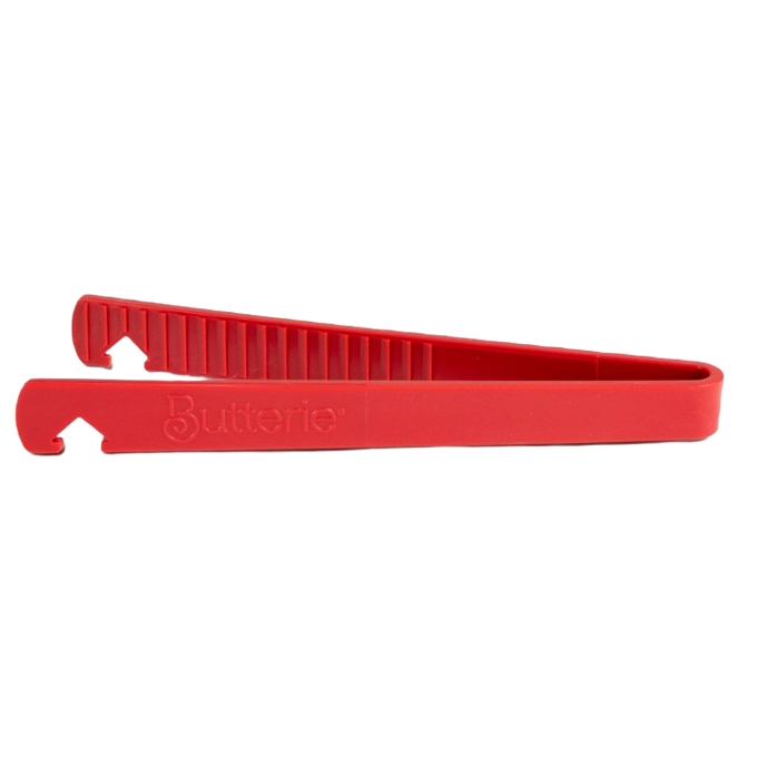 Red silicone toaster tongs with serrated gripping teeth and integrated oven rack hook, designed for safe heat handling in Kitchen & Food, Kitchen Gadgets, and Cooking and Baking Helpers collections.